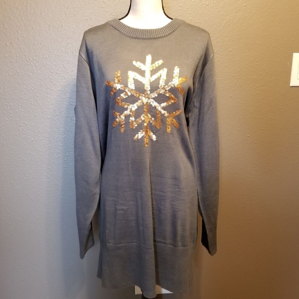Tipsy Elves Gray Long Sleeve Dress With Gold Snowflake Design